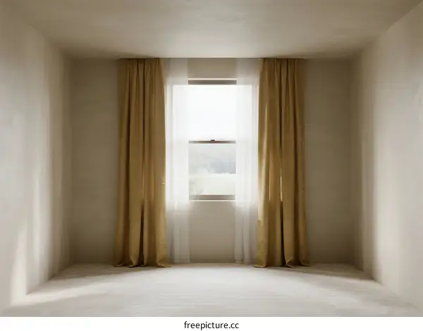 Minimalist room with large window and flowing curtains