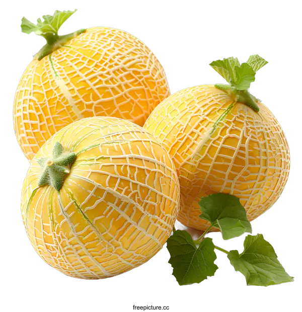 [Transparent Background PNG]Three ripe melons with green leaves isolated on white background