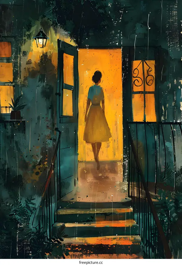 A woman standing in a doorway looking out into the rain