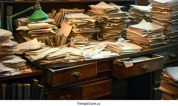 A desk full of papers and files