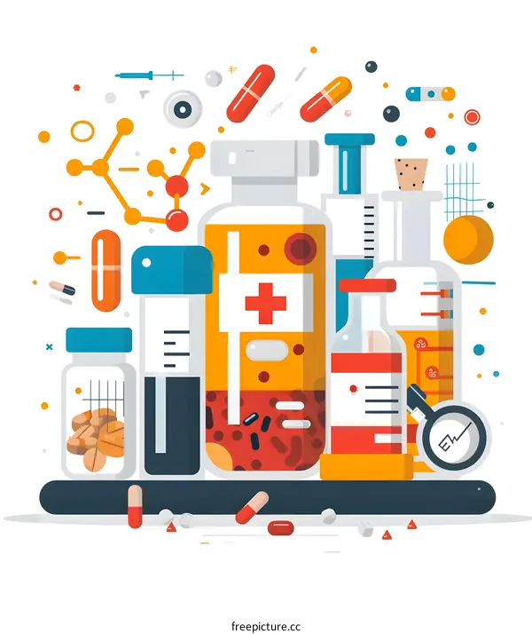 Medical Illustration with Test Tubes, Pills, and Syringes