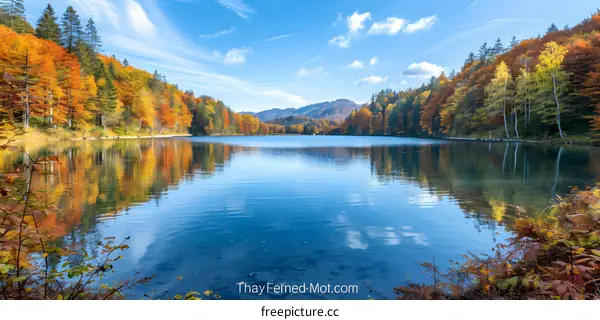 Mountains and colorful trees reflected in a calm lake