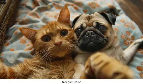 Cute Pug and Orange Tabby Cat Napping Together
