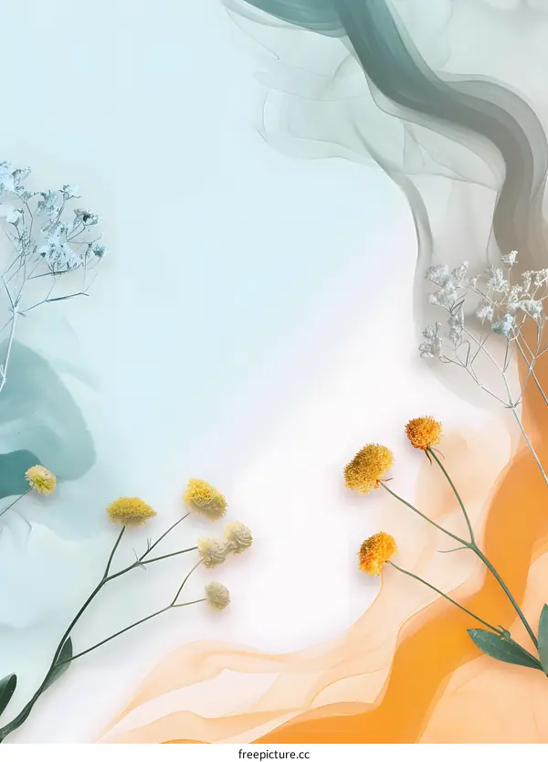 Abstract Floral Background with Delicate Yellow and White Flowers on a Soft Blue and Orange Watercolor Background