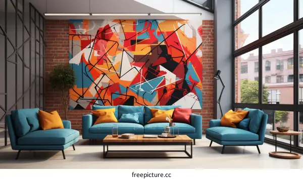 Blue and orange living room interior with graffiti wall mural
