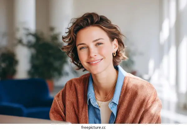 Smiling Woman in Casual Attire Indoor Portrait