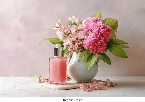 Pink Floral Still Life with Skincare Product