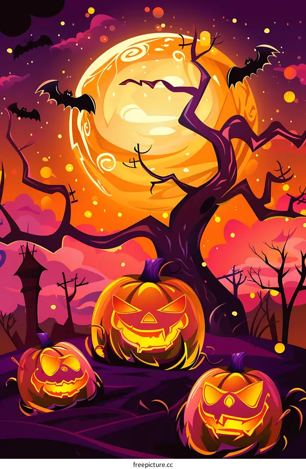 Halloween Jack O Lanterns and Bats Under Full Moon
