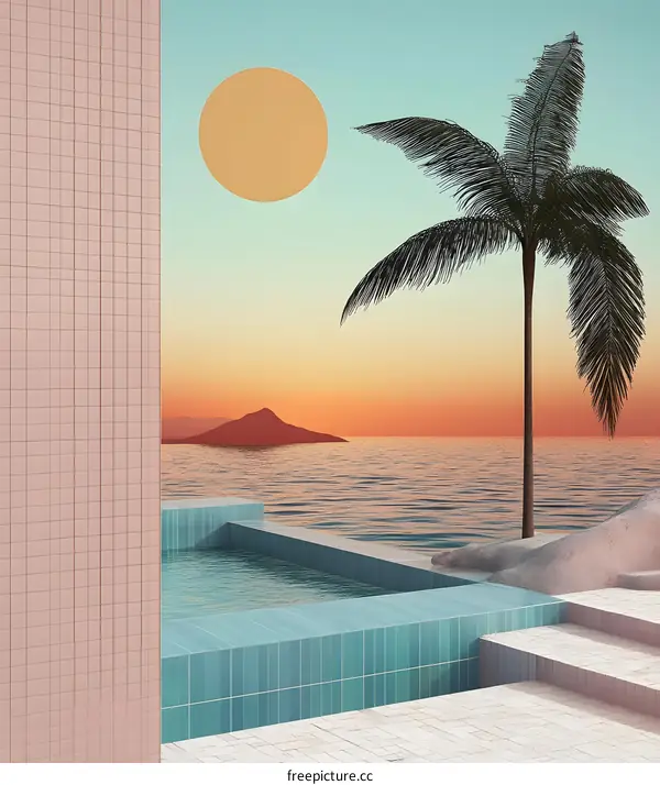 Minimalist Tropical Sunset Pool Scene Illustration