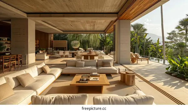 Modern house interior with open living space and pool