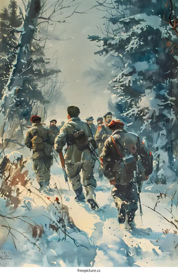 Group of Soldiers Walking Through a Snowy Forest