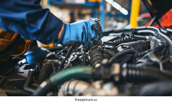 Car engine repair and maintenance by a mechanic