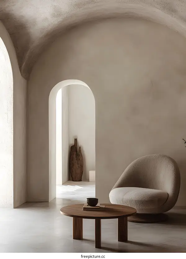 Minimalist Interior Design with Arched Walls and a Comfortable Chair