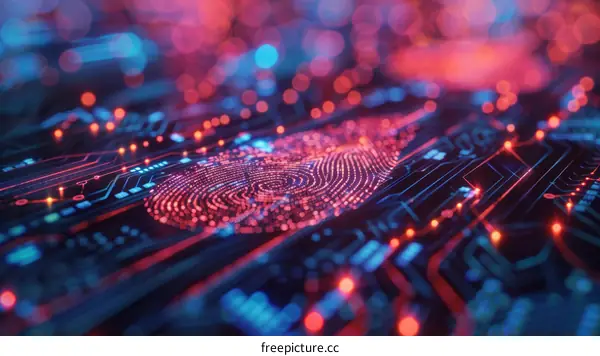 Red and blue circuit board with fingerprint scan