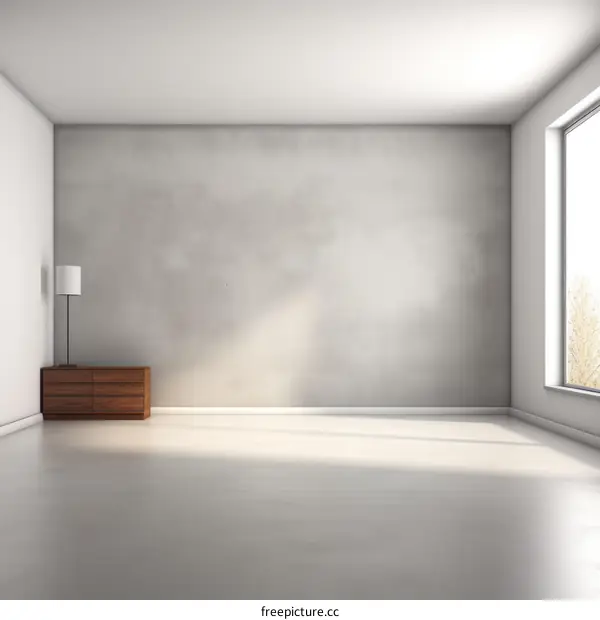 An empty room with a window and a lamp on a dresser