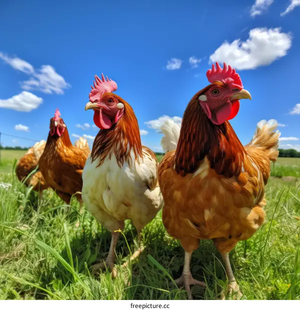 Three curious hens standing in a lush green field looking at the camera