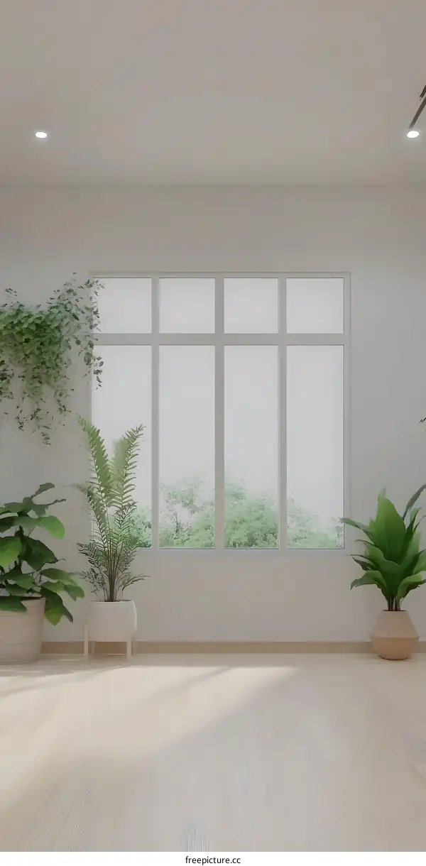Minimalist White Interior Design With Large Window and Plants