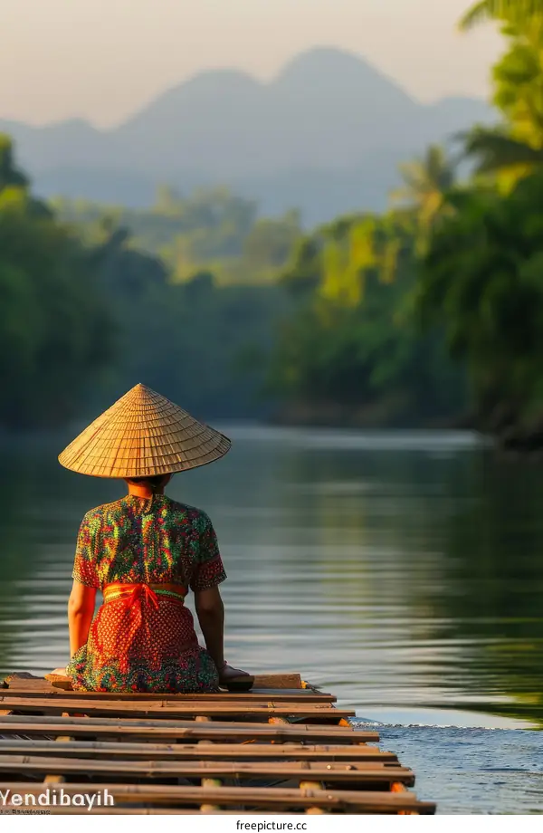 A woman in a conical hat sits on a boat in a river in Southeast Asia