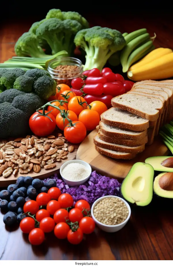 A variety of healthy foods, including vegetables, fruits, grains, and nuts