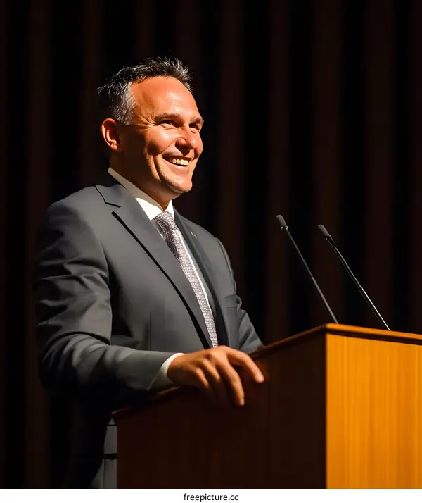 Man in Suit Speaking at Podium on Stage