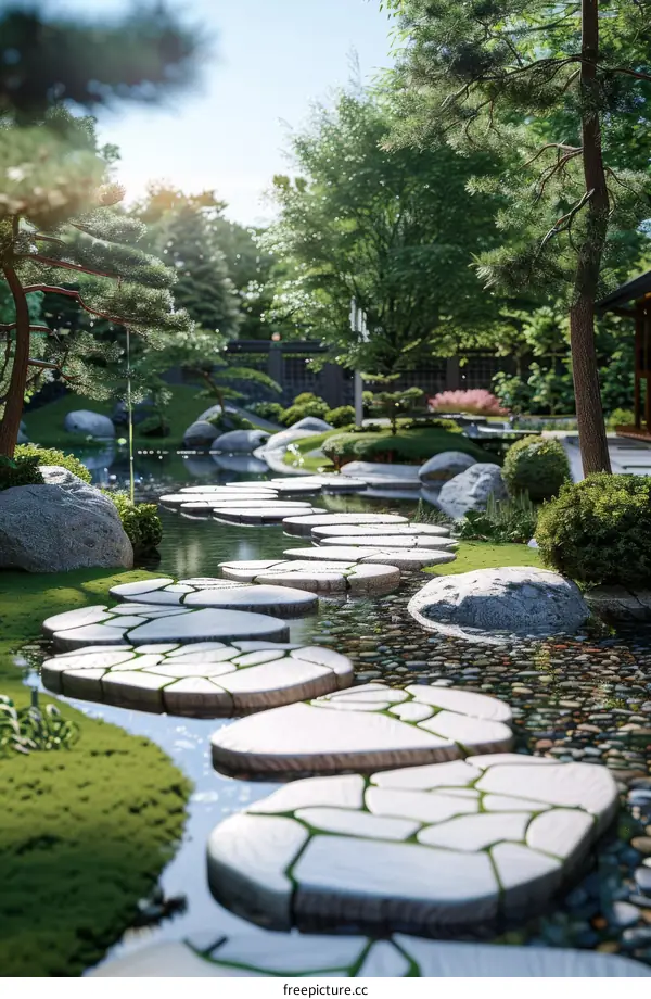 Serene Stepping Stone Path in Lush Japanese Garden