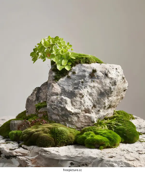 Green Plant Growing on a Rock with Moss