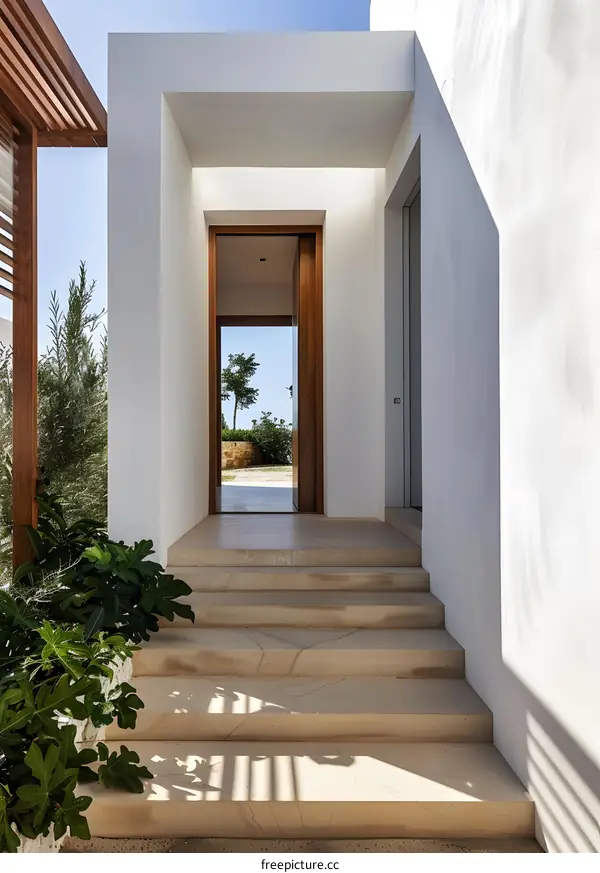 Modern White House Entrance with Stone Steps and Wooden Door