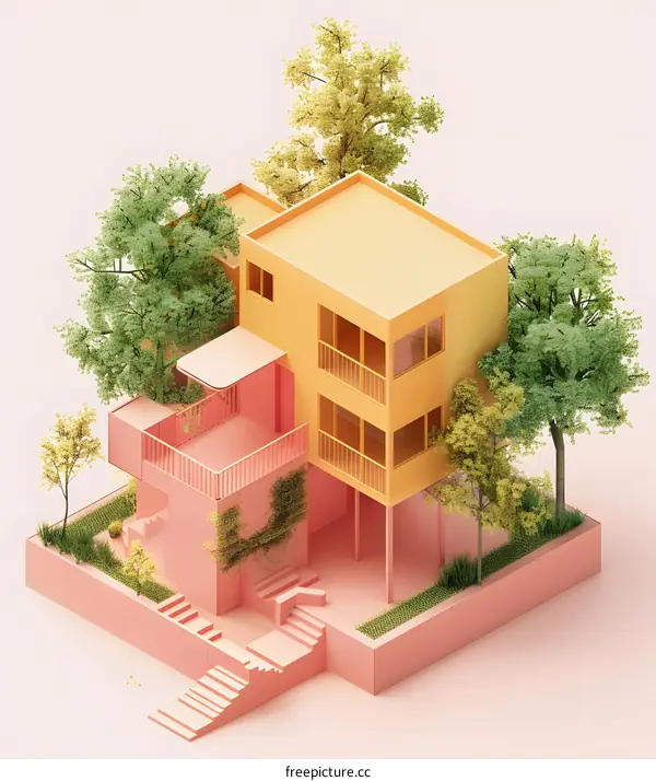 Minimalist House with Yellow Walls and Pink Stairs