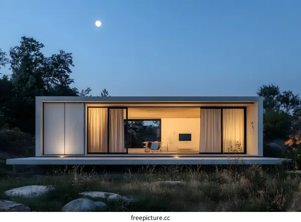 Modern Minimalist Concrete House with Large Windows Under Night Sky