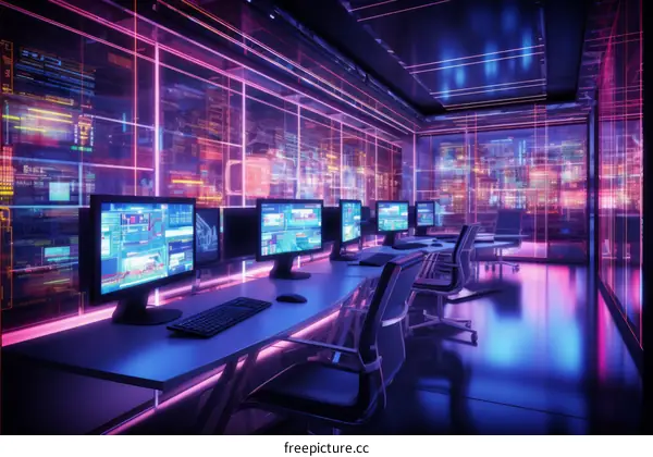 Neon Futuristic Office Interior with Empty Workstations