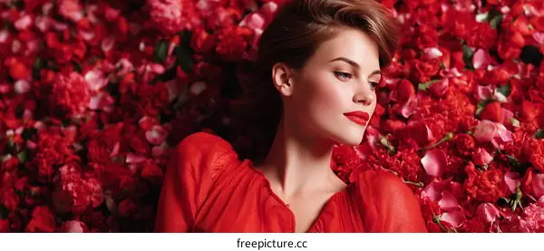 Elegant woman in red dress surrounded by vibrant red roses
