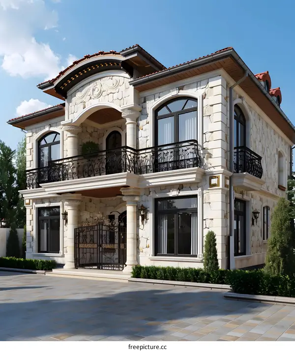 Luxury Stone Mansion with Balcony and Ornate Gate