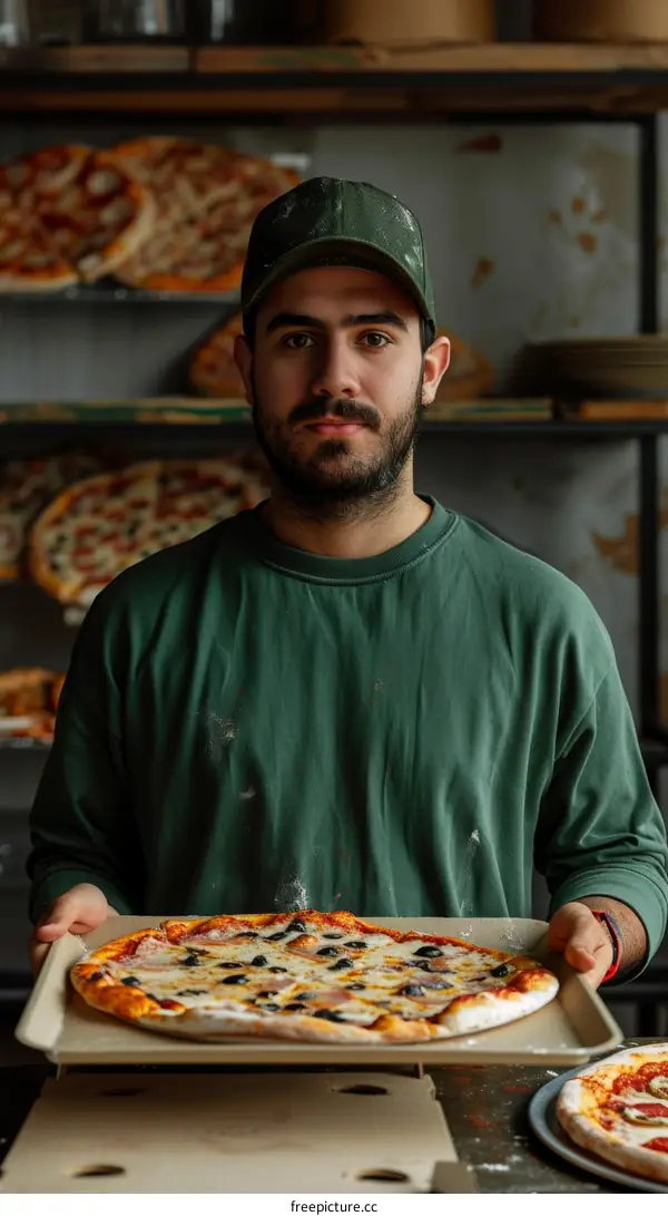 Portrait of a male pizza chef holding a pizza