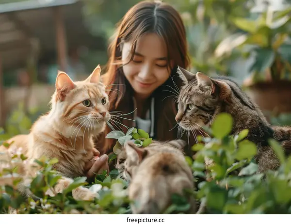 A young woman is petting two cats in the garden
