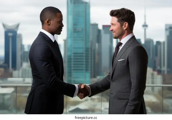 Two businessmen shaking hands with a cityscape in the background