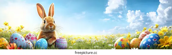 Easter Bunny in a Field of Flowers with Eggs