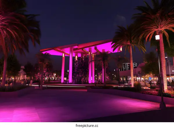 Pink Lighting Installation Design Nighttime Palm Trees