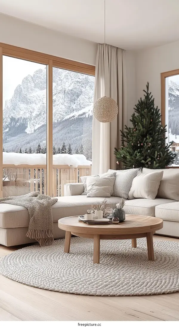 Cozy Winter Living Room with Mountain View