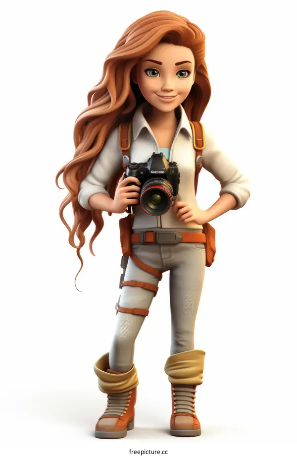 Female Wildlife Photographer with Red Hair and Green Eyes Using Camera