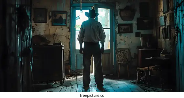 Cowboy standing with his back to the camera in an old house