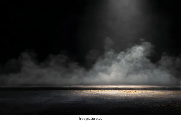 Empty asphalt street with spotlights and fog