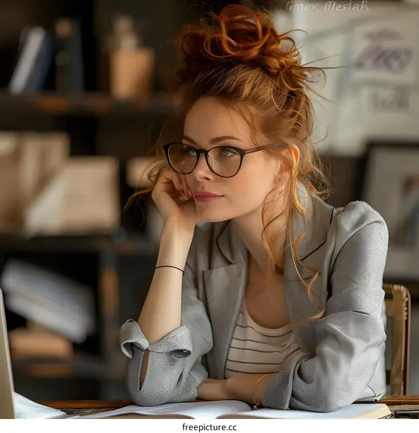 portrait of a beautiful redheaded woman wearing glasses and a gray blazer