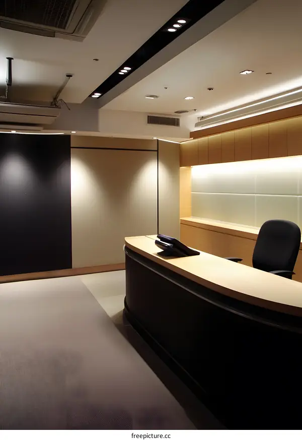 Modern Office Interior Design with Reception Desk and Wood Paneling