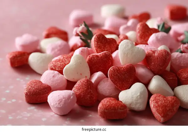 Colorful Heart-Shaped Candies on a Pink Background