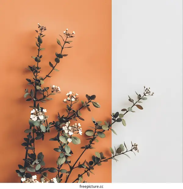 White Flowers on Branches Against a Peach and White Background