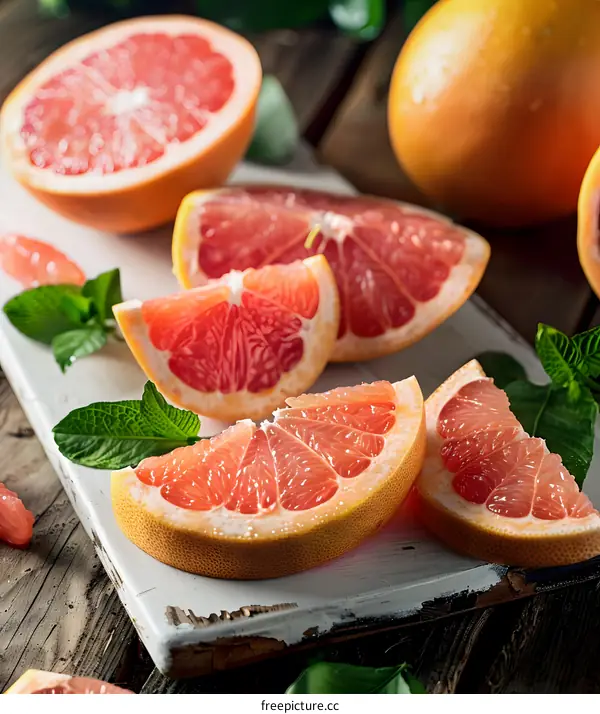 Fresh Grapefruit Slices On Wooden Table