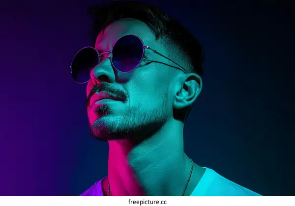 Closeup Portrait of a Stylish Man with Neon Lighting