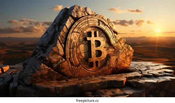 A large rock with a Bitcoin symbol carved into it sits in a vast desert landscape.