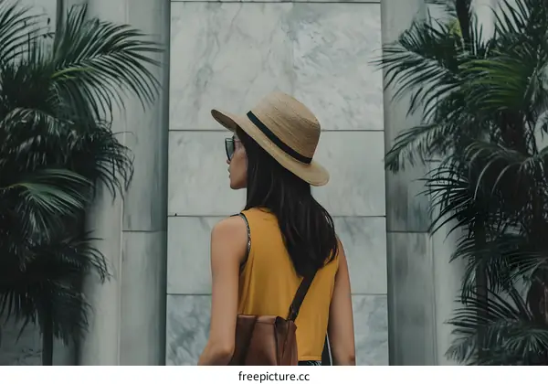Woman in Yellow Tank Top Wearing Straw Hat and Sunglasses Standing in Front of a Marble Wall