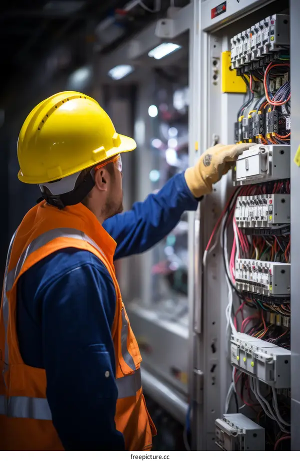 An electrician wearing a hard hat and safety vest works on an electrical panel